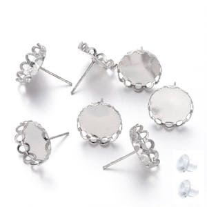 10 pcs. (5 pairs) Silver Plated Earring Posts Settings Bezels Cabochons Tacks Studs - 12mm Glue Pad Setting - Crown Design