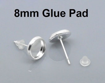 50 pcs. Silver Plated Earring Posts Studs Settings Bezels Cabochons Tacks- 8mm Glue Pad Setting