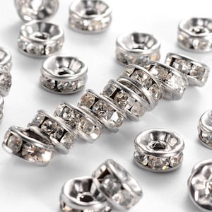 20 pcs. 316 Stainless Steel Clear Rhinestone Rondelle Spacer Beads - Silver Tone - 8mm x 4mm - Hole Size: 2mm - Straight Edges