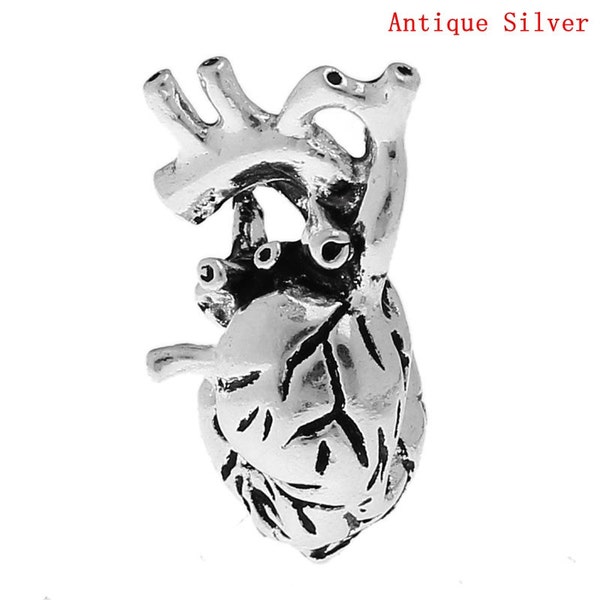 5pcs. Antique Silver Anatomical Organ Human Heart Medical Charms Pendants - 27mm X 13mm