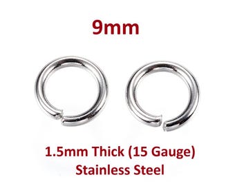 100 pcs 304 Stainless Steel Open Jump Rings 9mm - 15 Gauge (1.5mm) - THICK - HEAVY - High Quality