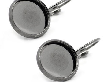 10 pcs. Gunmetal Earring Clips Settings Lever Back Bezels Cabochons - 12mm Glue Pad Setting