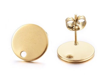 10 pcs. (5 pairs) 304 Stainless Steel Golden Earring Posts/Bases/Studs/Settings - 12mm Diameter - Hole Size: 1.8mm