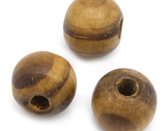 300 pcs Brown Coffee striped Wooden Round Spacer Beads - 10mm (0.39")