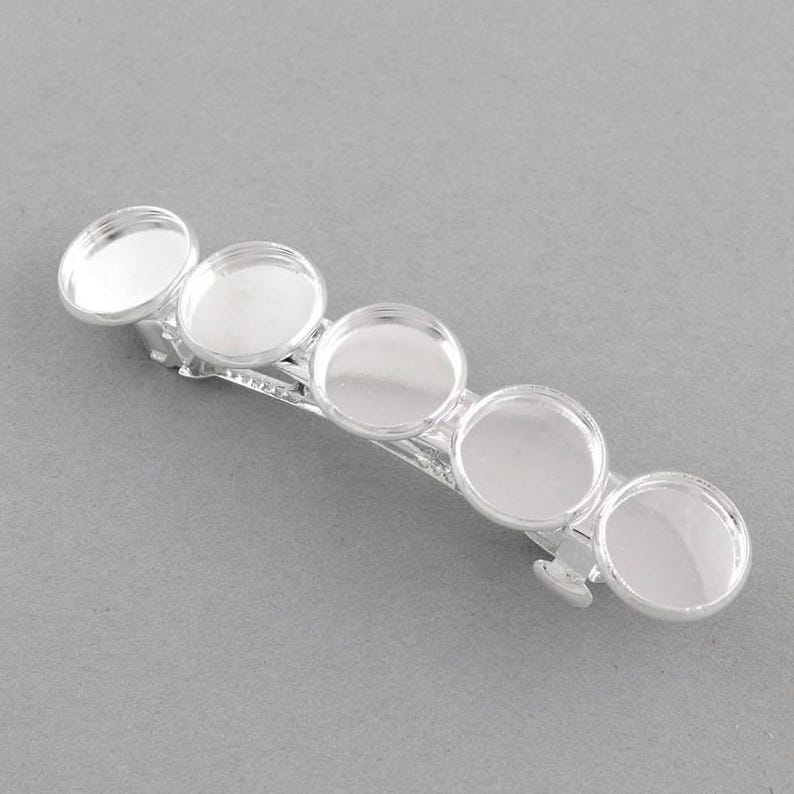 2 pcs Silver Plated French Hair Barrettes Hair Clips - 71mm x 14mm - 12mm Glue Pad - LARGE - 5 Bezels image 2