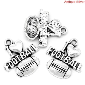 50 pcs. Antique Silver Tone &quot;I love (heart) Football&quot; Sports Charms Pendants - 20mm x 18mm