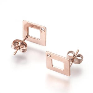 10 pc (5 pairs) 304 Stainless Steel Rhombus Earring Posts/Bases/Studs/Settings with Backs - 14mm  - Hole for Dangles - Rose Gold Ion Plated