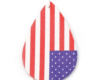 10 pcs. USA American Red, White and Blue Faux Leather Dangle Charms Pendants - Teardrop - Flag - 57mm (2.25") - Double-Sided