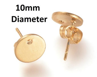10 pcs. (5 pairs) 304 Stainless Steel Golden Earring Posts/Bases/Studs/Settings - 12mm Length - 10mm Diameter - Hole Size: 1.4mm