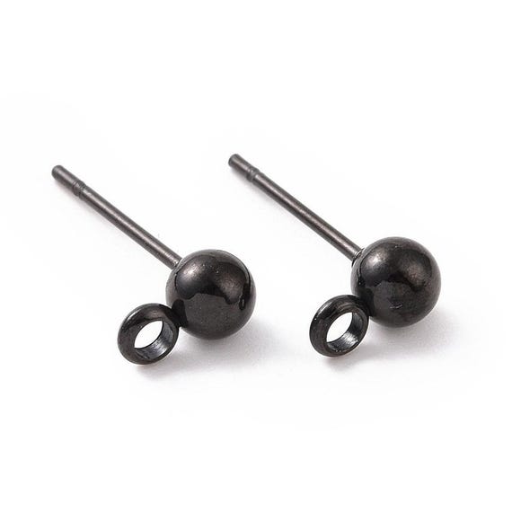 10 pcs. (5 pairs) 316 Stainless Steel Earring Ball Posts Settings with Loop - 17mm x 9mm - 6mm Ball - Black - Stoppers Included!