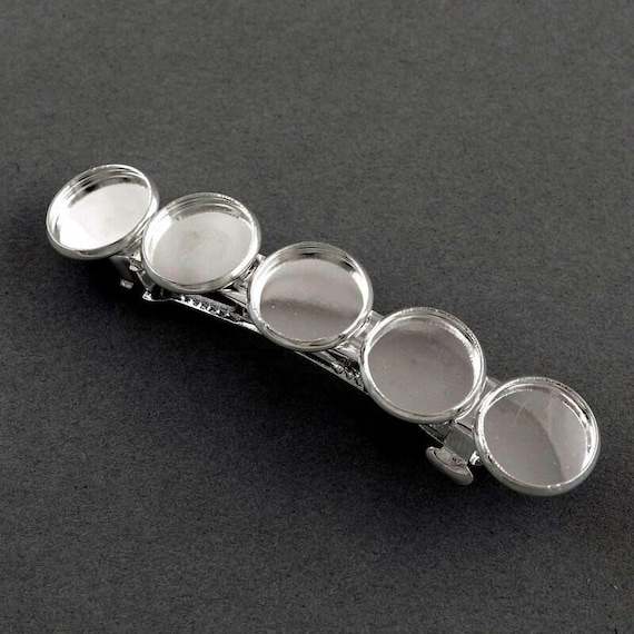 2 pcs Silver Plated French Hair Barrettes Hair Clips - 71mm x 14mm  - 12mm Glue Pad - LARGE - 5 Bezels