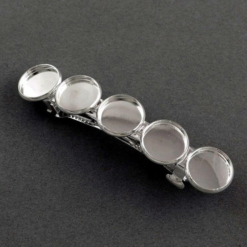 2 pcs Silver Plated French Hair Barrettes Hair Clips - 71mm x 14mm - 12mm Glue Pad - LARGE - 5 Bezels image 1