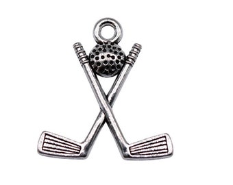 25 pcs. Antique Silver Tone Golf Club Stick with Ball Charms Pendants - 20mm x 18mm - Hole Size: 2mm