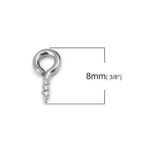 100 pcs. 304 Stainless Steel Silver Tone Screw Eyes Bails Top Drilled - 8mm x 4mm - Tarnish Resistant!