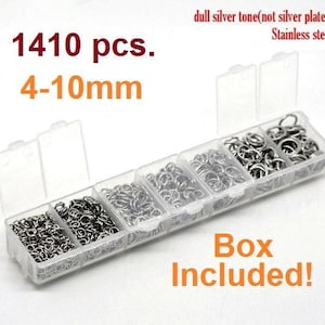 Box with Assortment of 1410pcs 304 Stainless Steel Open Jump Rings- 4mm to 10mm - Tarnish Resistant!