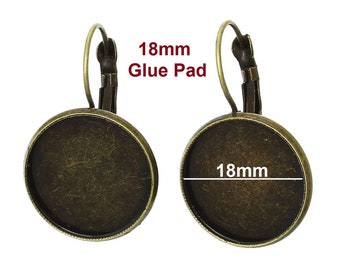 20 pcs. Antique Bronze Earring Clips Settings Lever Back Bezels Cabochons - 18mm Glue Pad Setting