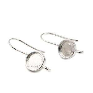 4 pcs. Silver Tone Earring Hooks Settings Bezels Cabochons - 8mm Glue Pad Setting - with Loop