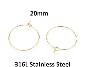 10 anelli a cerchio in acciaio chirurgico inossidabile 316L con ciondolo a forma di vino dorato / orecchini - 20 mm - calibro 21 (0,7 mm) - resistenti all'ossidazione - ipoallergenici - stile A