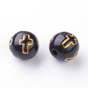100 pcs Black Acrylic Round Spacer Beads - 10mm (0.39") - Gold Plated Cross Design - Hole Size: 2mm