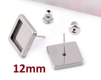 6 pcs. Stainless Steel Silver Tone Square Earring Posts Studs Settings Bezels Cabochons Tacks- 12mm x 12mm Glue Pad Setting