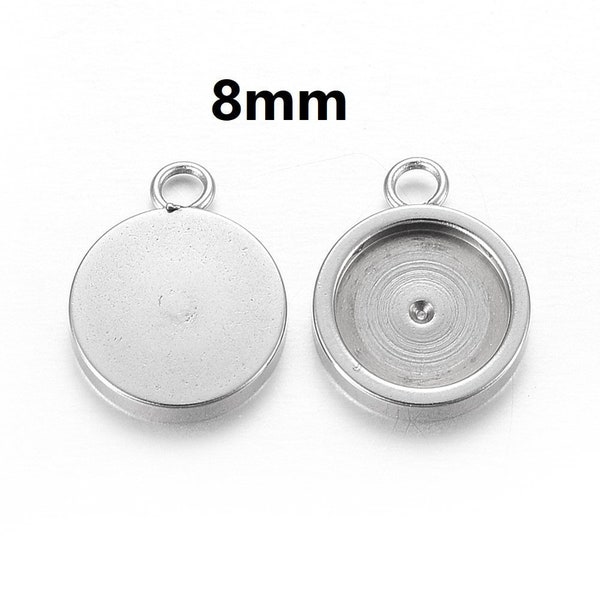 10 pcs. 304 Stainless Steel Circle Settings Bezels Cabochons Pendants - 8mm Glue Pad Setting - Silver Tone - Trays - Flat - Parallel Loop