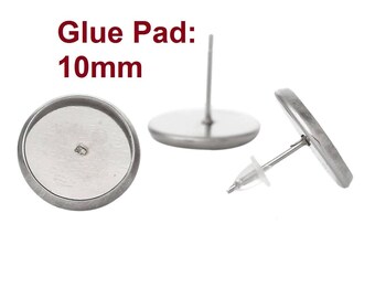 10 pcs. 304 Stainless Steel Earring Posts Studs Settings Bezels Cabochons Tacks - 10mm Glue Pad Setting - Silver Tone