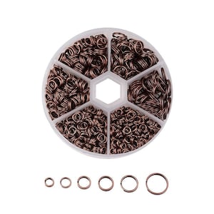 Assortment Box of Antique Copper Split Jump Rings 4mm, 5mm, 6mm, 7mm, 8mm, 10mm - 1mm-1.3mm Thick - Plastic Storage Box Included