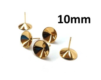 10 pcs. (5 pairs) 304 Stainless Steel Earring Cone Posts Studs - For 10mm Pointed Back Rhinestones - Golden