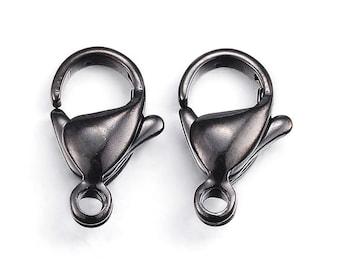 10 pcs. 304 Stainless Steel Lobster Clasps - 12mm x 7mm - Claw Clasps - Black Plated - Hole Size: 1.5mm