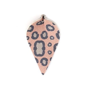 10 pcs. Leopard Faux Leather Dangle Charms Pendants - Pinch Leaf - Black Pink - Silver Tone Jump Ring - 62mm (2.5") - Double Sided