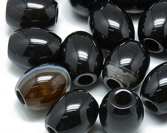 2 pcs Black Agate Smooth Gemstone Natural Stone Barrel Spacer Beads - 18mm x 15mm - Large Hole: 6mm - Fits European Cords and Paracord!