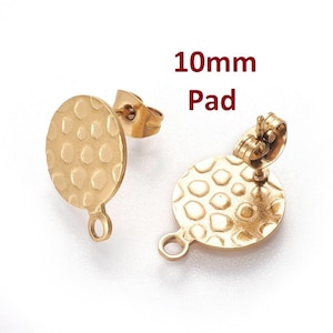 10 pcs (5 pairs) 304 Stainless Steel Golden Earring Posts/Studs/Settings - 10mm Diameter - Hole Size: 1.8mm - TEXTURED - Style E - with Loop