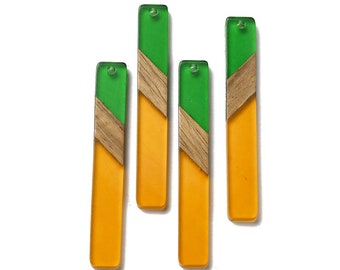 4 Stück klare, orange und grün gestreifte rechteckige flache Anhänger aus Harz und Holz – 52 mm x 8 mm – (2,05 Zoll x 0,32 Zoll) – ideal für Ohrringe und Halsketten!