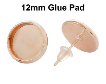 10 pcs. Rose Gold Plated Earring Posts Studs Settings Bezels Cabochons Tacks- 12mm Glue Pad Setting - Made of Copper