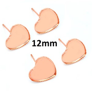 10 pcs. Rose Gold Heart Earring Posts Studs Settings Bezels Cabochons Tacks- 12mm Glue Pad Setting