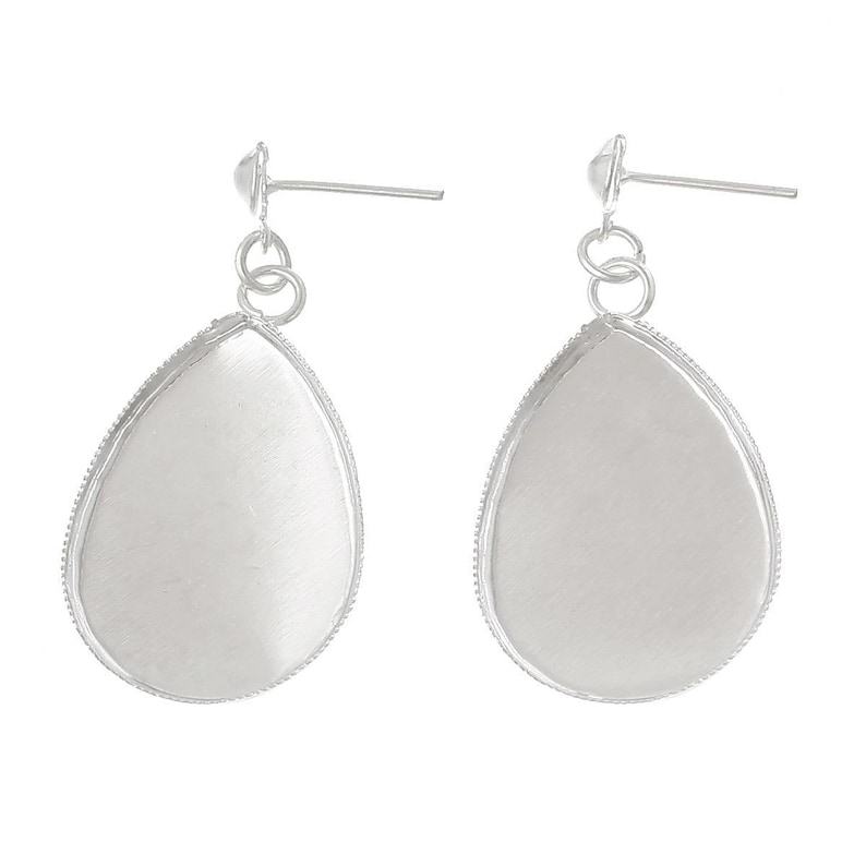 50 pcs. Silver Plated Earring Dangle Tacks Posts Settings Bezels Cabochons - Teardrop - 25mm x 18mm Glue Pad Setting image 1