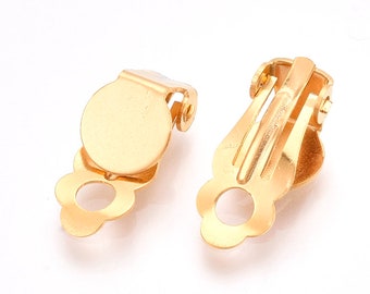 10 pcs. 304 Stainless Steel Hinged Earring Clip-Ons Settings - 8mm Glue Pad Setting - Golden