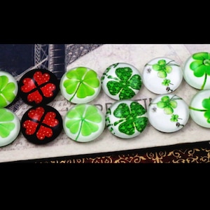 12 pcs Assortment of Circle Four Leaf Clover Glass Round Dome Seals Tiles Cabochons - 12mm