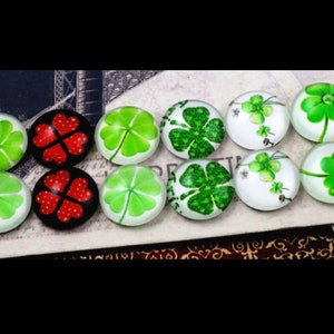 12 pcs Assortment of Circle Four Leaf Clover Glass Round Dome Seals Tiles Cabochons - 12mm