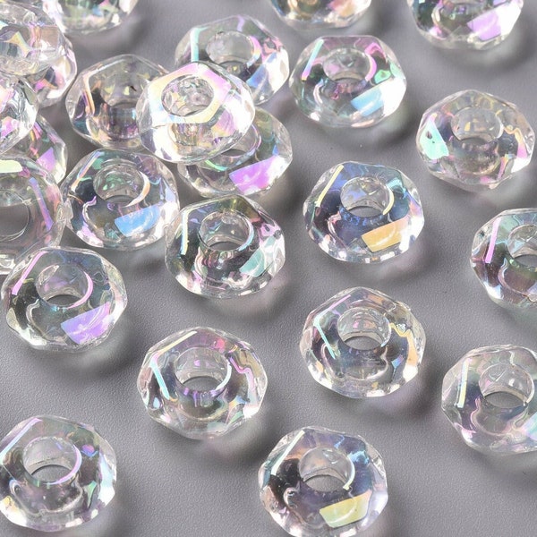 10 pcs  Acrylic Clear AB Multicolor Rondelle Faceted Spacer Beads – 13mm – Large Hole: 5mm - Fits European Cords and Paracord!