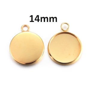 10 pcs. 304 Stainless Steel Pendant Circle Posts Settings Bezels Cabochons - Golden - 14mm Glue Pad Setting - Tarnish Resistant!