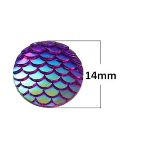 10 piezas Mermaid Fish Scales Resina Tallada Embellecimiento Cabujones Púrpura AB - 14mm (0.55 in)