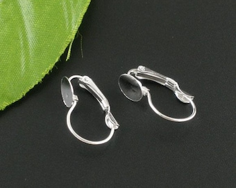 10 pcs. Silver Plated Earring Clips Settings Lever Back Posts Cabochons - 8mm Glue Pad Setting