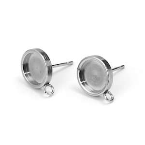 10 pcs. 304 Stainless Steel silver Tone FLAT Earring Posts Studs Settings Bezels Cabochons Tacks - 8mm Glue Pad Setting - Perpendicular Loop