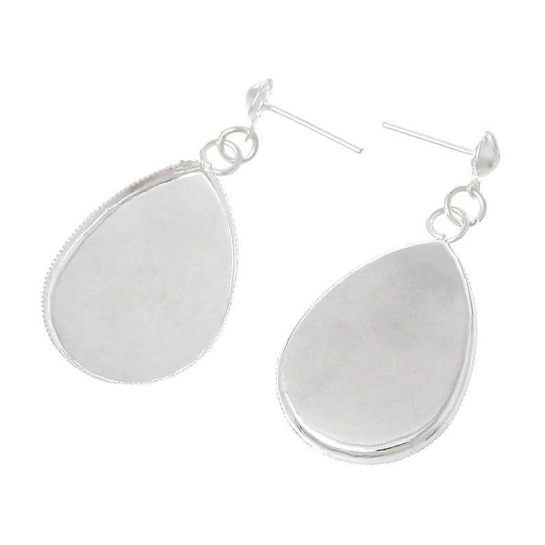 50 pcs. Silver Plated Earring Dangle Tacks Posts Settings Bezels Cabochons - Teardrop - 25mm x 18mm Glue Pad Setting image 3