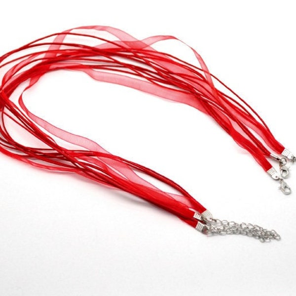 15 pcs. Bright Red Organza Ribbon Waxen Cord Necklaces with Lobster Clasp - 17 inch (43 cm) - Claw Clasp