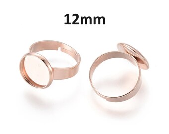 5 pcs. 201 Stainless Steel Rose Gold ADJUSTABLE Cabochon Setting Bezel RING bases settings - Ring Size 7 US - Glue Pad 12mm