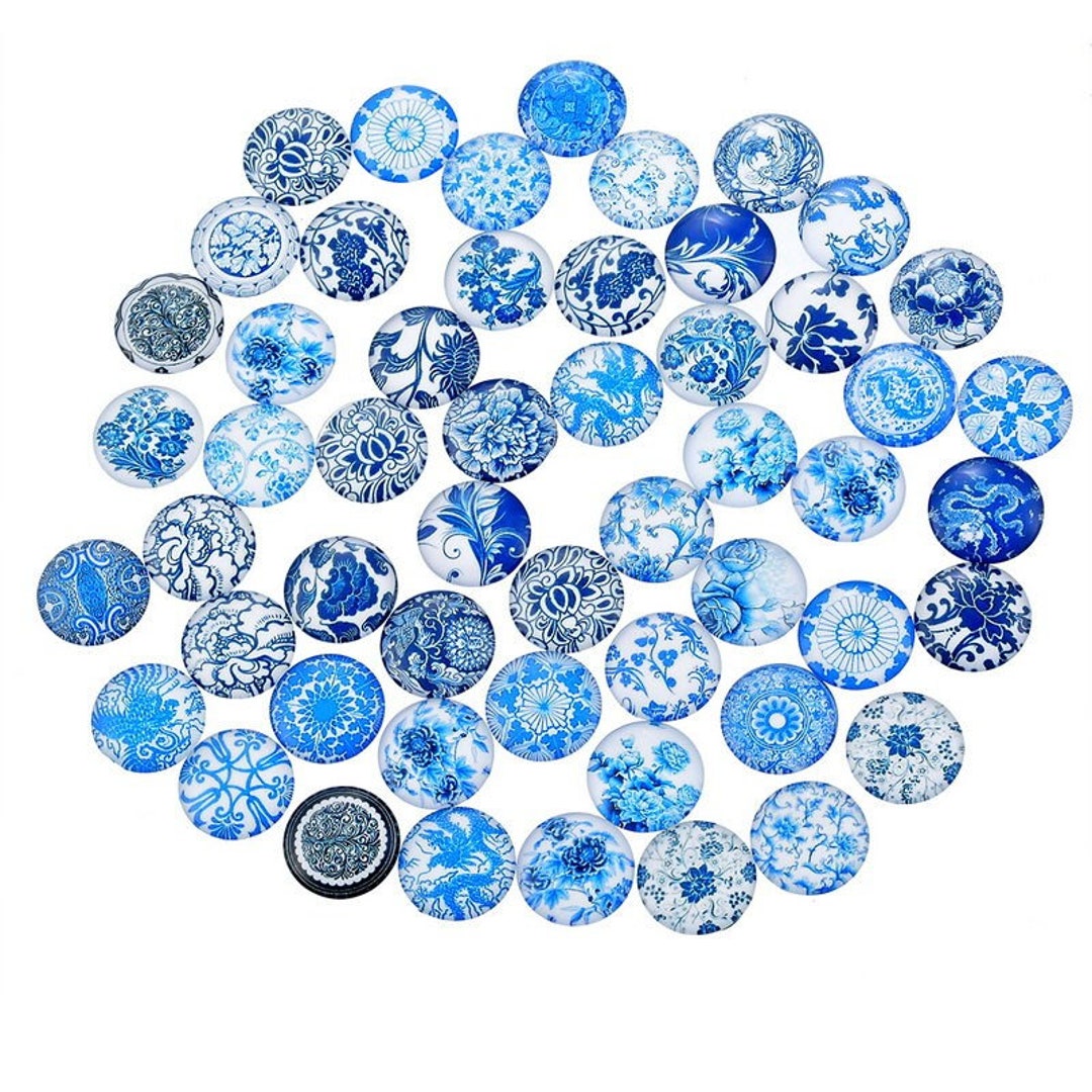 10 Pcs Circle White Blue Flower Glass Round Dome Seals Tiles - Etsy