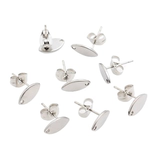 10 pcs. (5 pairs) 304 Stainless Steel Oval Earring Posts/Bases/Studs/Settings with Backs - 10mm x 5.5mm - Hole for Dangles - Silver Tone