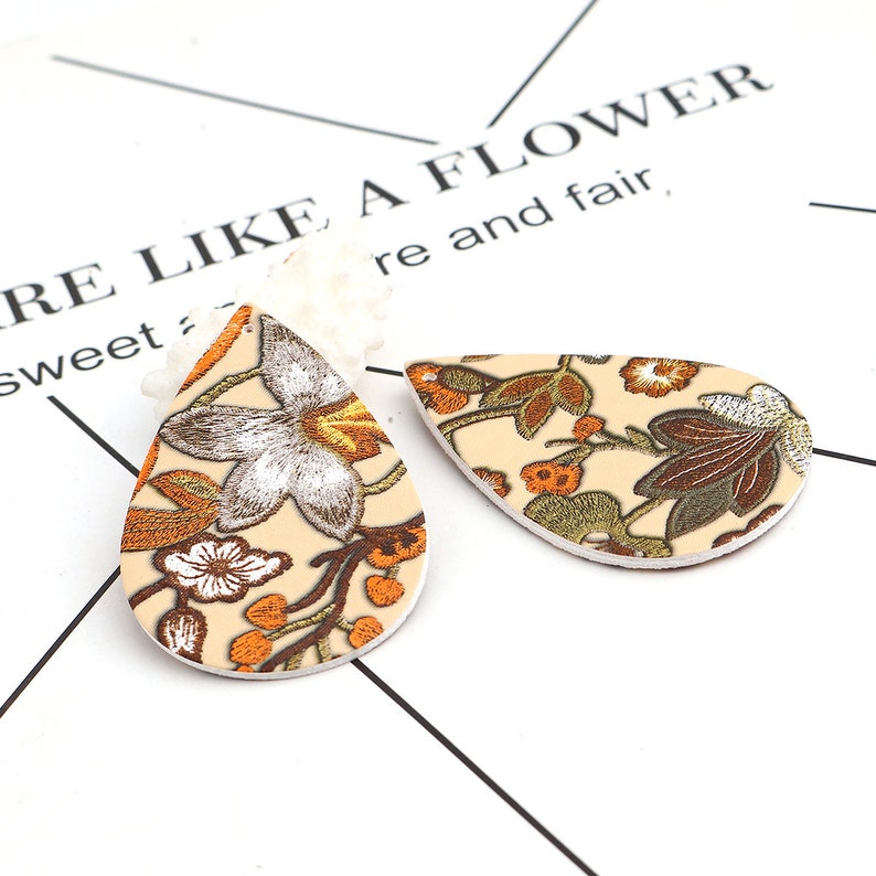 - Double Sided 2.2 Orange Floral Embroidered Faux Leather Dangle Charms Pendants Brown 56mm Teardrop Beige 10 pcs
